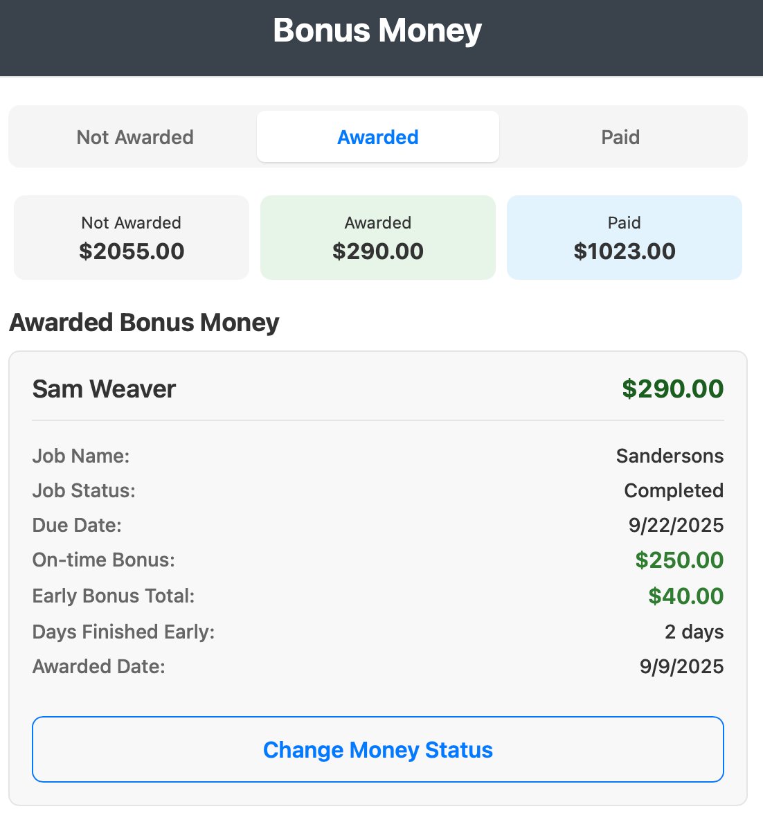 Bonus Money Screen