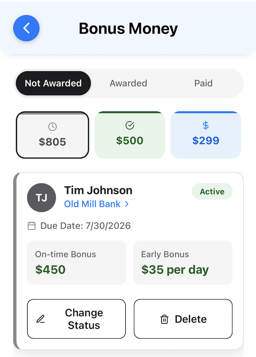 Bonus Money Screen